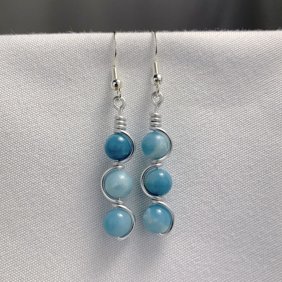 Jewelry - Handmade Wire Wrapped Larimar Quartz Bead Earrings